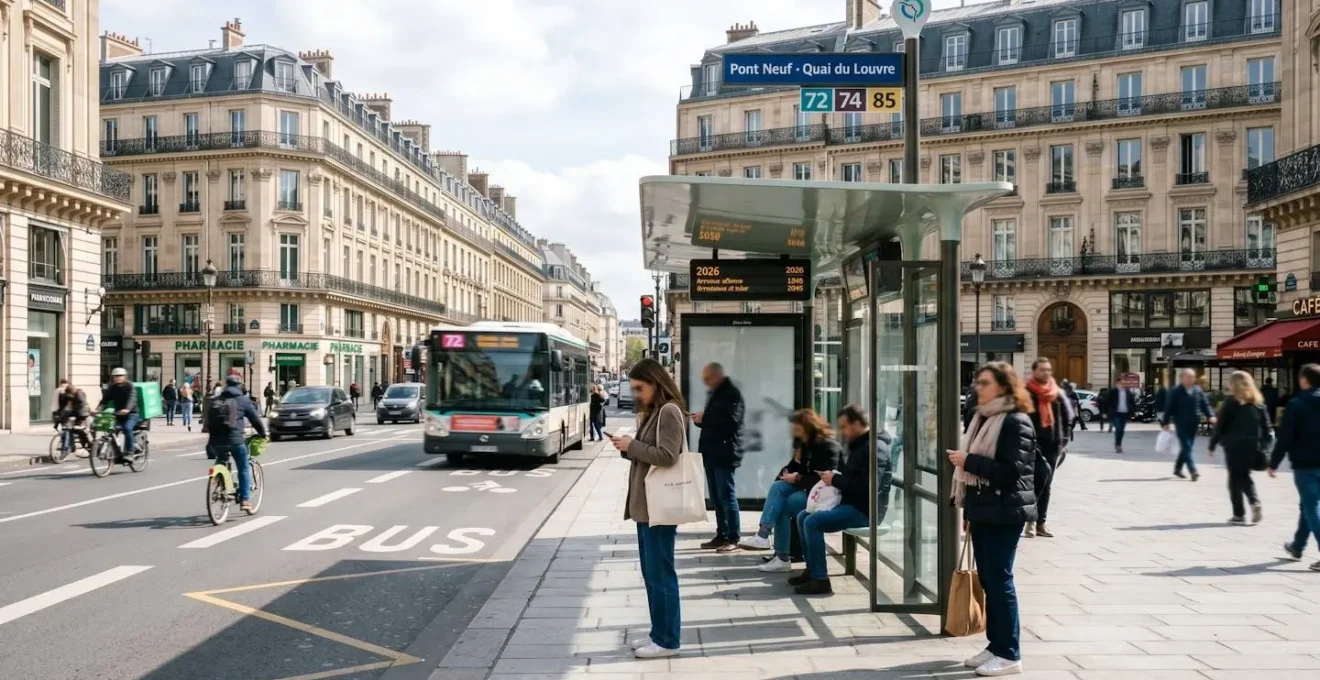 Vue large d'un arrêt de bus touristique parisien avec architecture haussmannienne typique en arrière-plan, lumière naturelle de jour