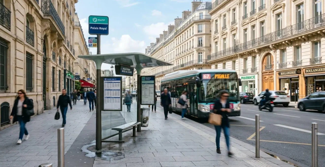 Vue large d'un arrêt de bus touristique parisien avec architecture haussmannienne typique en arrière-plan, lumière naturelle de jour