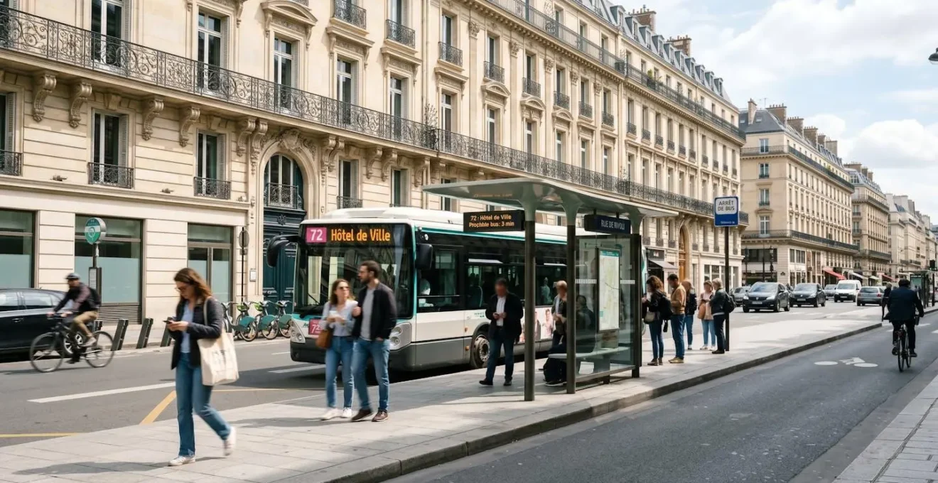 Vue large d'un arrêt de bus touristique parisien avec architecture haussmannienne typique en arrière-plan, lumière naturelle de jour