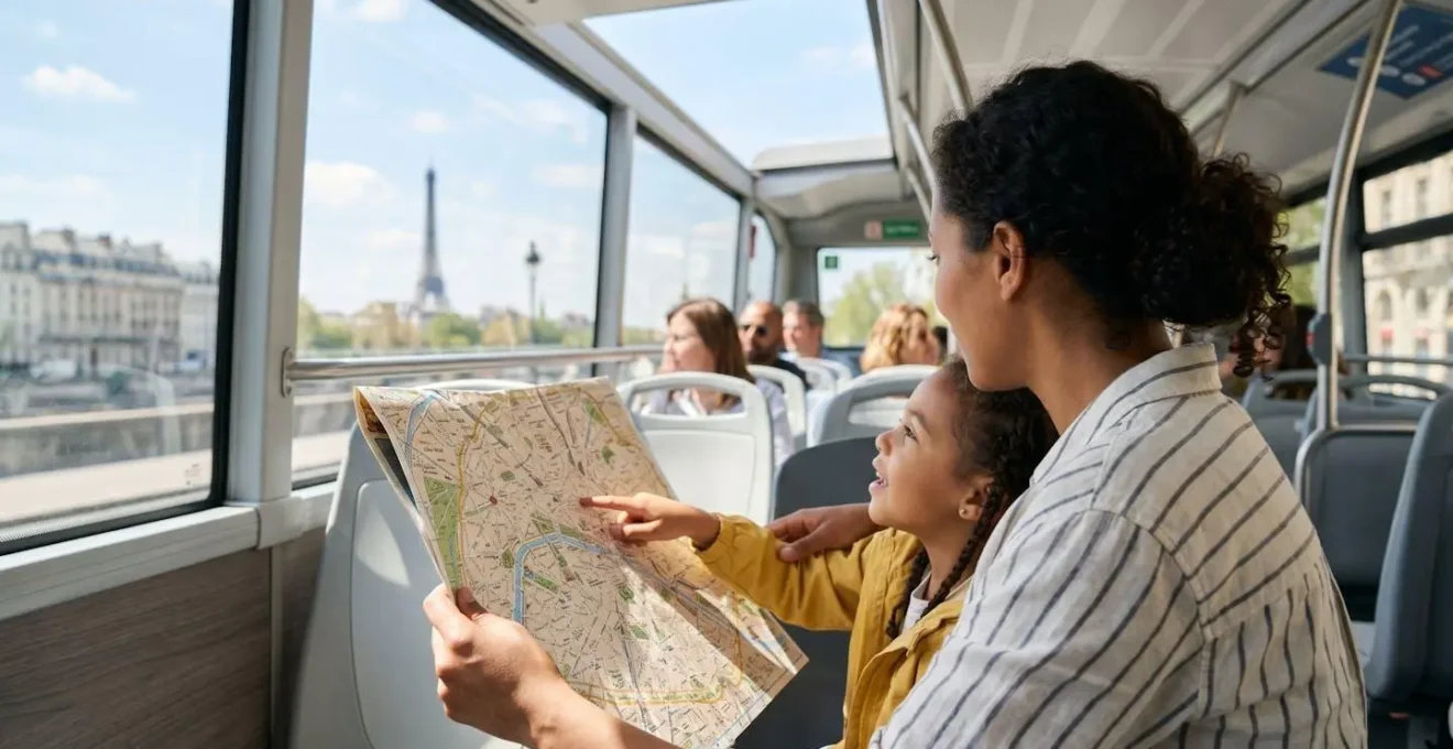 Une famille de quatre personnes regarde ensemble une carte touristique de Paris depuis l'étage supérieur d'un bus à impériale, monuments parisiens en arrière-plan