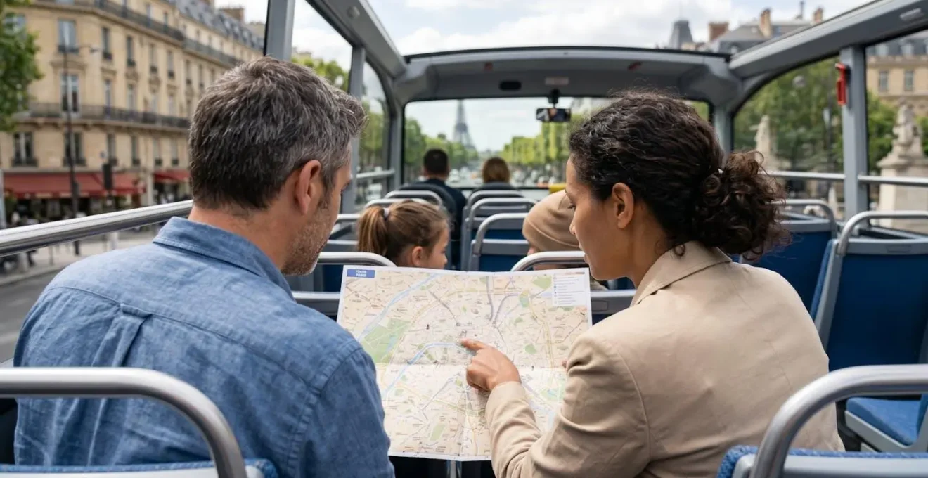 Une famille de quatre personnes regarde ensemble une carte touristique de Paris depuis l'étage supérieur d'un bus à impériale, monuments parisiens en arrière-plan