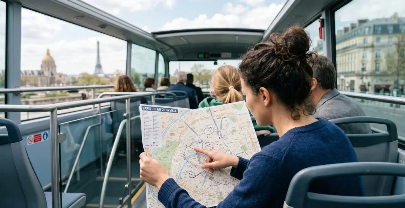 Une famille de quatre personnes regarde ensemble une carte touristique de Paris depuis l'étage supérieur d'un bus à impériale, monuments parisiens en arrière-plan