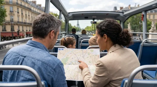 Une famille de quatre personnes regarde ensemble une carte touristique de Paris depuis l'étage supérieur d'un bus à impériale, monuments parisiens en arrière-plan