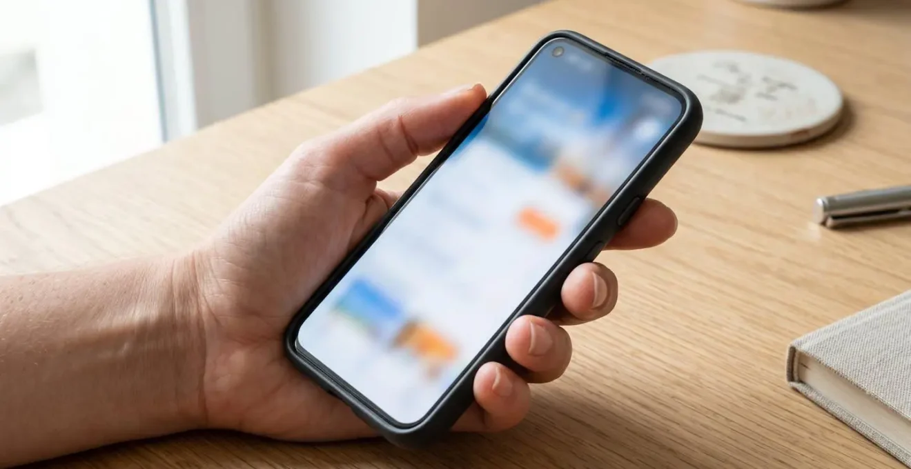 Gros plan sur une main tenant un smartphone avec écran de réservation complètement flouté, surface moderne en arrière-plan