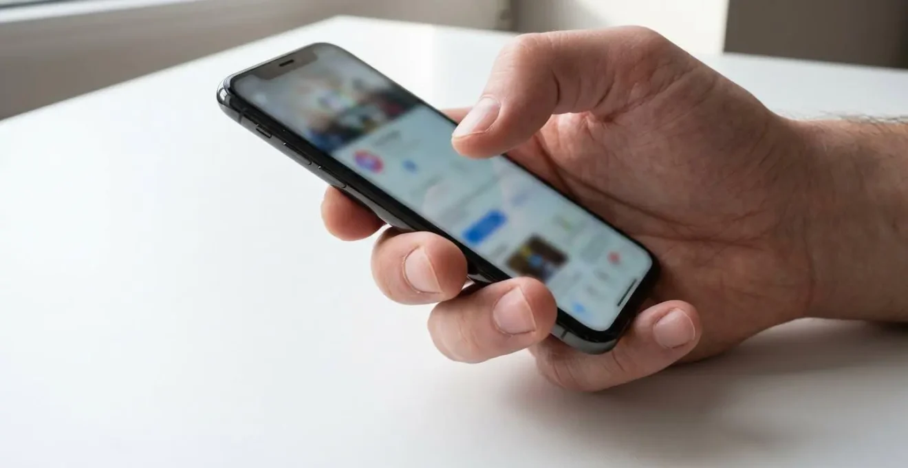 Gros plan sur une main tenant un smartphone avec écran de réservation complètement flouté, surface moderne en arrière-plan