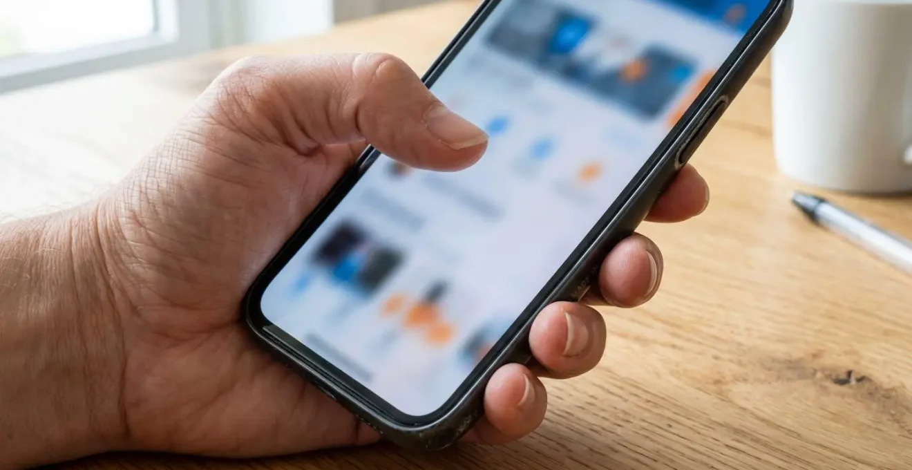 Gros plan sur une main tenant un smartphone avec écran de réservation complètement flouté, surface moderne en arrière-plan